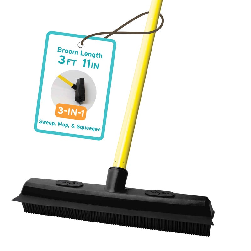 FURemover Sweep Pet Hair Rubber Broom with Squeegee and Attachable Microfiber Cloth and 47 Handle for Tile Carpet and Hardwood